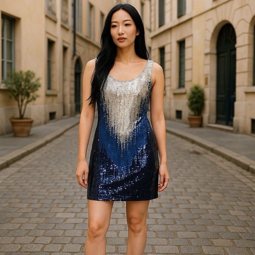vintage CACHE blue Silk Beaded Sequin mini dress